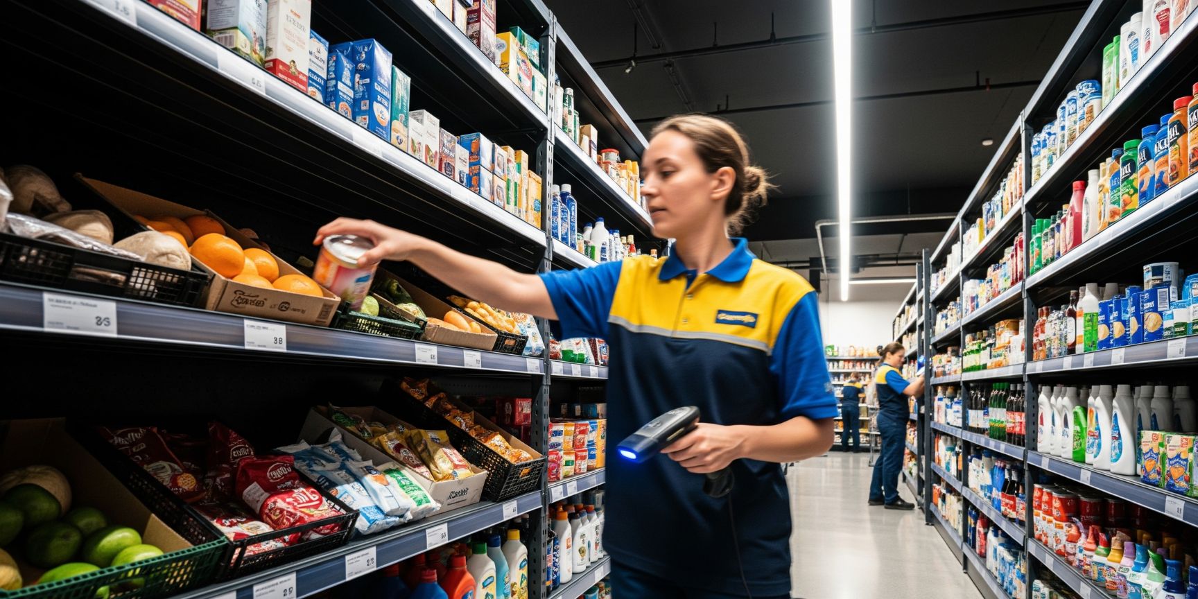 Mitarbeiter bei der schnellen Kommissionierung von Waren in einem hell erleuchteten Quick-Commerce-Lager, auch als Dark Store bekannt. Die Regale sind dicht mit Lebensmitteln und Alltagsprodukten gefüllt, was die Effizienz der urbanen Logistik verdeutlicht.